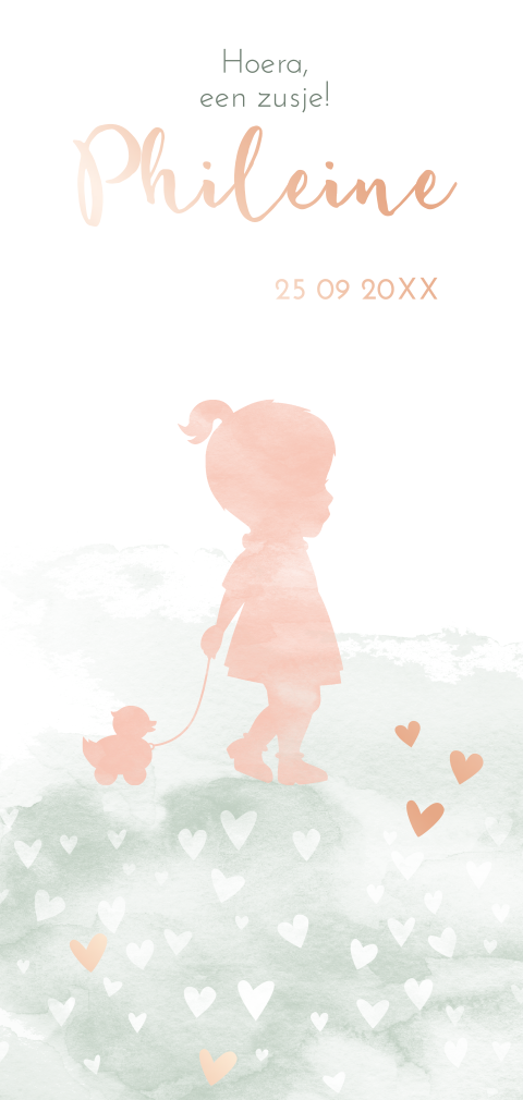 Schattig roségoudfolie geboortekaartje met silhouet meisje en eendje