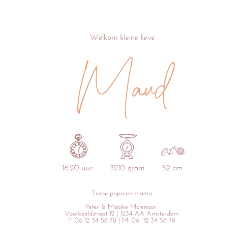 Minimalistisch geboortekaartje met typografie en roségoudfolie