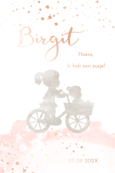 Hip roségoudfolie geboortekaartje met silhouet van zusjes op de fiets