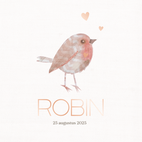 Roségoudfolie geboortekaartje voor meisje met lief vogeltje