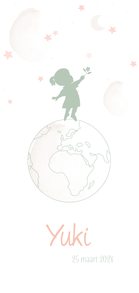 Staand geboortekaartje met silhouet en wereldbol