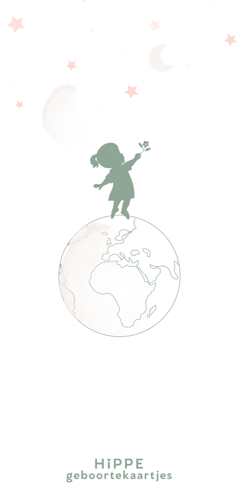 Staand geboortekaartje met silhouet en wereldbol