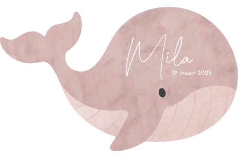 Bijzonder geboortekaartje in de vorm van een roze walvis