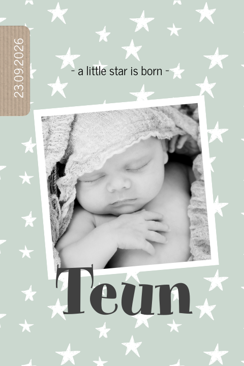 Trendy geboortekaartje met witte sterren met groen en foto