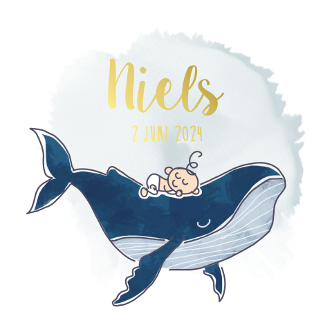 Geboortekaartje met walvis met slapende baby op de rug
