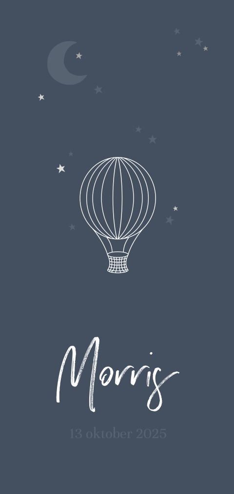 Zilverfolie geboortekaartje voor jongen met luchtballon bij maanlicht