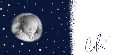 Stoer zilverfolie geboortekaartje met zilveren sterren hemel en foto