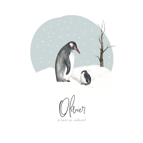Zwart folie geboortekaartje met pinguïns in de sneeuw