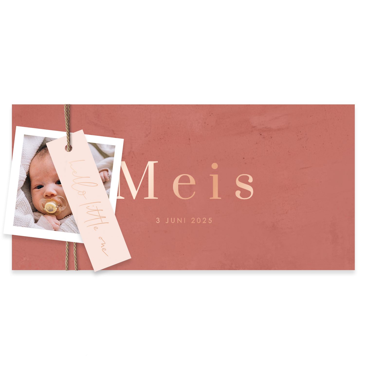 Lief label geboortekaartje met roségoudfolie, velvet-look en foto