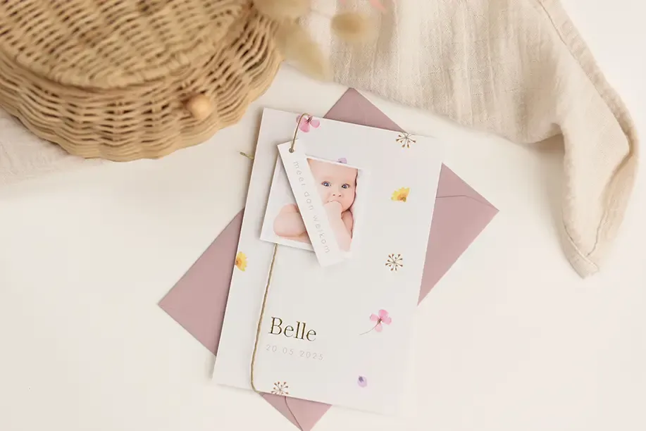 Lief label geboortekaartje met bloemen, goudfolie en foto