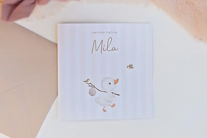 Geboortekaartje met eendje en vogels meisje